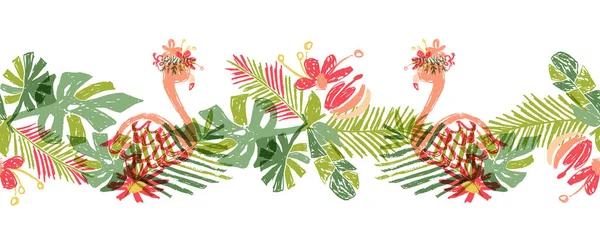 热带花和火烈鸟, 手绘热带 — 图库矢量图片