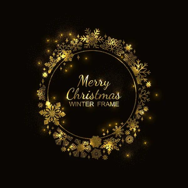 Marco de copo de nieve círculo de oro, fondo negro, Navidad — Archivo Imágenes Vectoriales