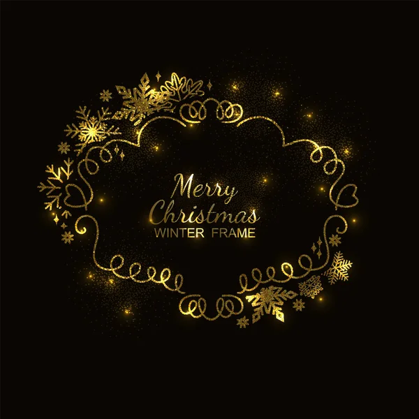 Marco de copo de nieve dorado, fondo negro, Navidad — Archivo Imágenes Vectoriales