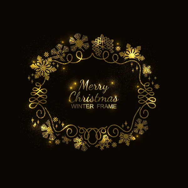 Marco de copo de nieve dorado, fondo negro, Navidad — Archivo Imágenes Vectoriales