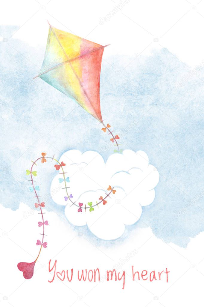 Valentines day card cover with watercolor kite