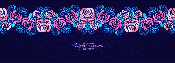 Vektör gece gül neon pembe çiçek sorunsuz afiş.