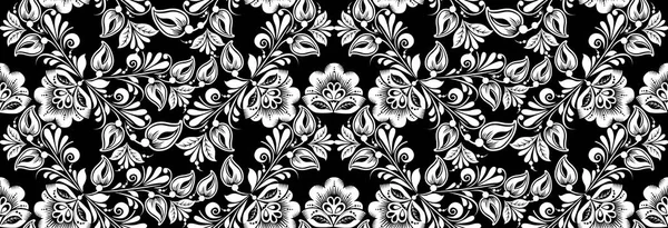 Vintage Ρωσική στολίδι για μαύρο λευκό floral τυπωμένη ύλη. Χωρίς ραφή πρότυπο. Khokhloma σχεδίαση φόντου. — Διανυσματικό Αρχείο