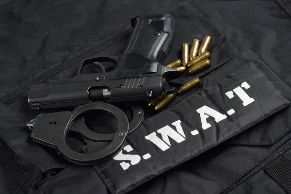 Uniforme Swat Avec Pistolet Poing Fond Munitions — Photo