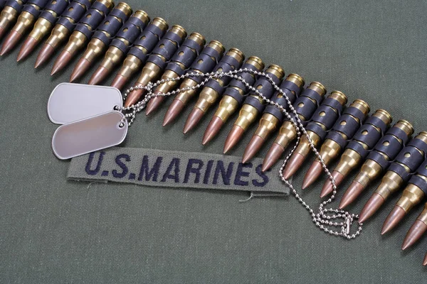 Cinturón Municiones Con Etiquetas Para Perros Marines Fondo Uniforme —  Fotos de Stock