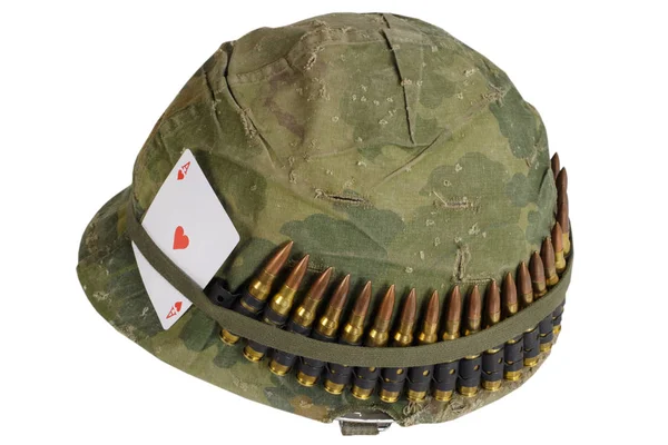 Casque Armée Américaine Période Guerre Vietnam Avec Couverture Camouflage Ceinture — Photo