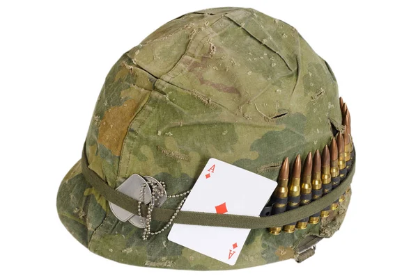 Army Helmet Vietnam War Period Camouflage Cover Ammo Belt Dog — Stock Photo, Image