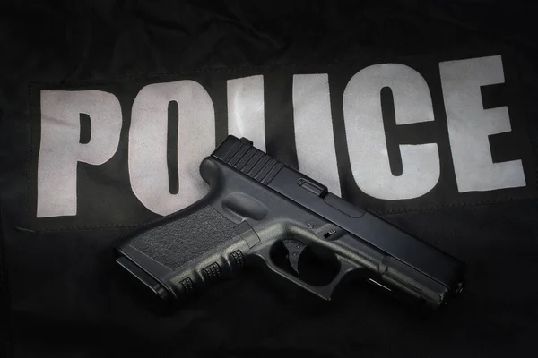 Polícia Arma Equipamentos Fundo Uniforme Preto — Fotografia de Stock