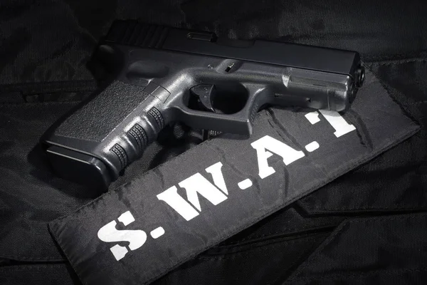 Swat Arma Equipamentos Fundo Uniforme Preto — Fotografia de Stock