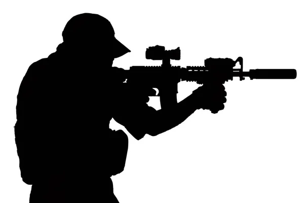 Operador Fuerzas Especiales Con Rifle Asalto Silueta Negro Aislado — Foto de Stock