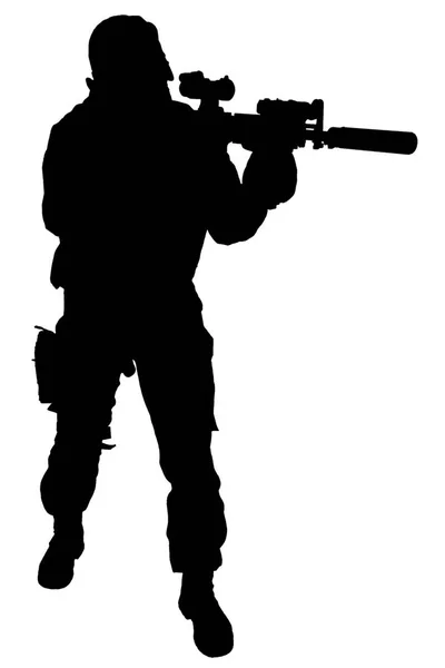 Private Military Company Operator Met Assault Rifle Zwarte Silhouet Geïsoleerd — Stockfoto