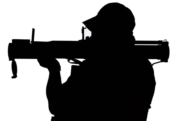 Privates Militärunternehmen Betreiber Mit Rpg Raketenabschussrampe Schwarze Silhouette Isoliert — Stockfoto