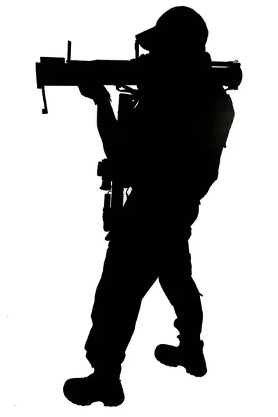 Privater Militärischer Auftragnehmer Mit Rpg Raketenwerfer Schwarze Silhouette Isoliert — Stockfoto