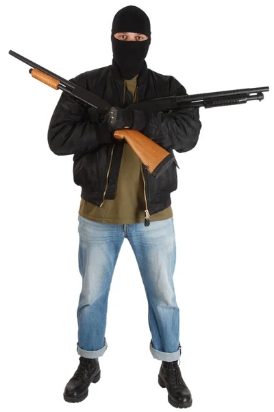 Robber Black Mask Shotgun Isolated — Stock Photo, Image