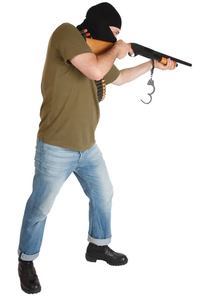 Robber Black Mask Shotgun Isolated — Stock Photo, Image