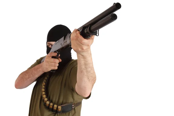 Rover Zwart Masker Met Shotgun Geïsoleerd — Stockfoto