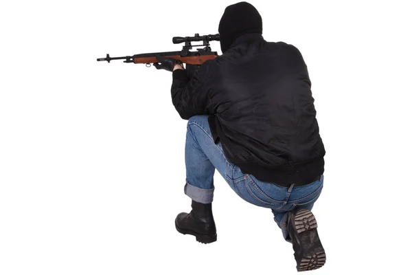 Beyaz Arka Plan Üzerinde Izole Keskin Nişancı Tüfeği Ile Gangster — Stok fotoğraf