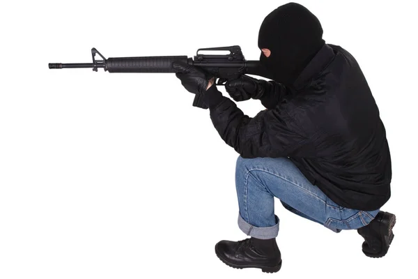 Gangster Med M16 Gevär Isolerad Vit Bakgrund — Stockfoto