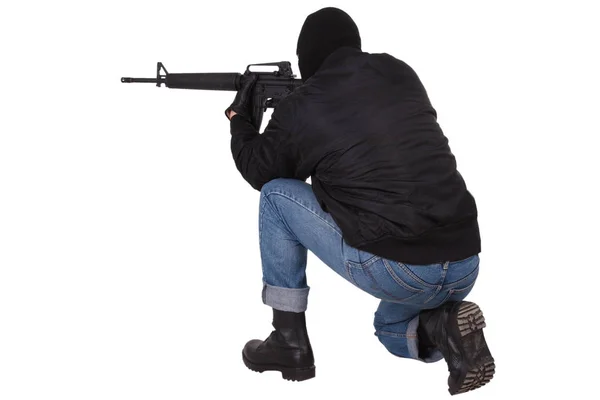 Gangster Avec Fusil M16 Isolé Sur Fond Blanc — Photo