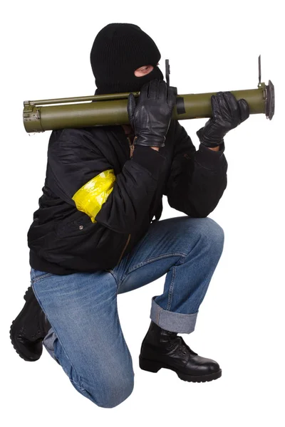 Gangster Com Lançador Granadas Bazooka Isolado Fundo Branco — Fotografia de Stock