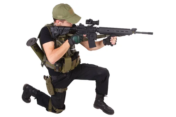 Private Military Contractor Rifleman Assault Rifle Isolated White — Stock Photo, Image