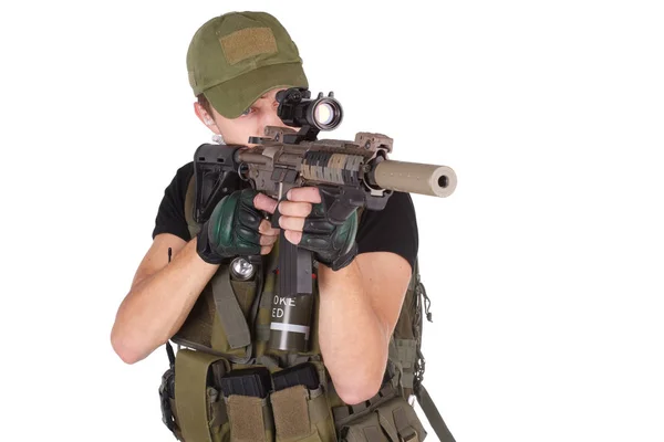 Contratista Militar Privado Fusilero Con Rifle Asalto Aislado Blanco — Foto de Stock