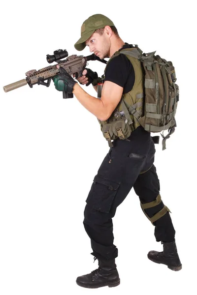 Contratante Militar Privado Atirador Com Rifle Assalto Isolado Branco — Fotografia de Stock