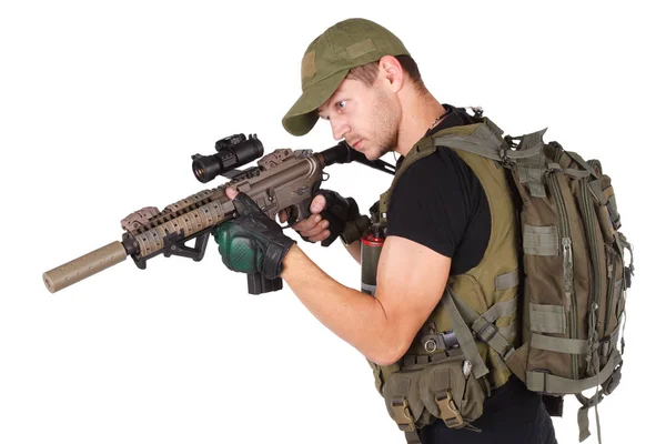 Private Military Contractor Rifleman Assault Rifle Isolated White — Stock Photo, Image