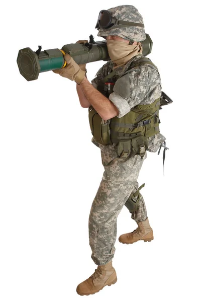 Voják Bezzákluzné Raketových Zbraní Izolované Bílém — Stock fotografie