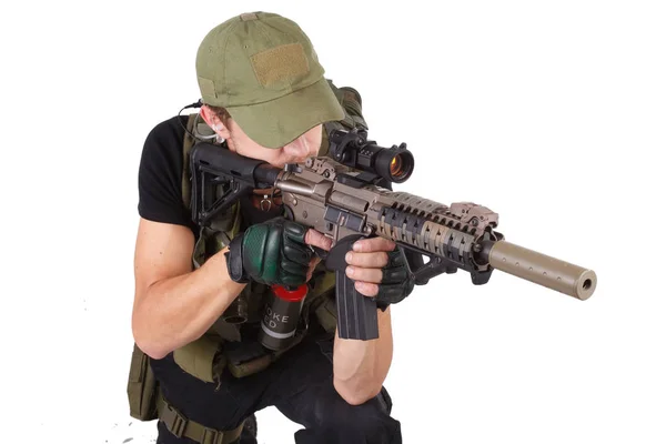 Private Military Contractor Rifleman Assault Rifle Isolated White — Stock Photo, Image
