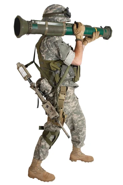 Żołnierz Pistoletu Rakietowy Bezodrzutowej Białym Tle — Zdjęcie stockowe