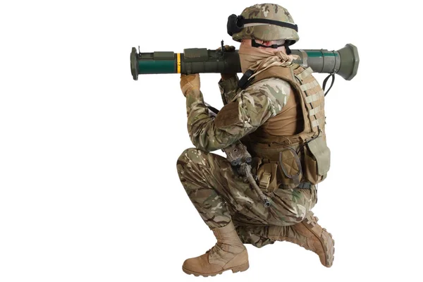 Oss Armén Soldat Med Rekylfria Raketgevär Isolerad Vit Bakgrund — Stockfoto