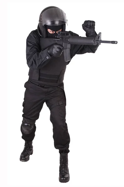 Riot Police Officer Weapon Black Uniform Isolated White — Stock Photo, Image