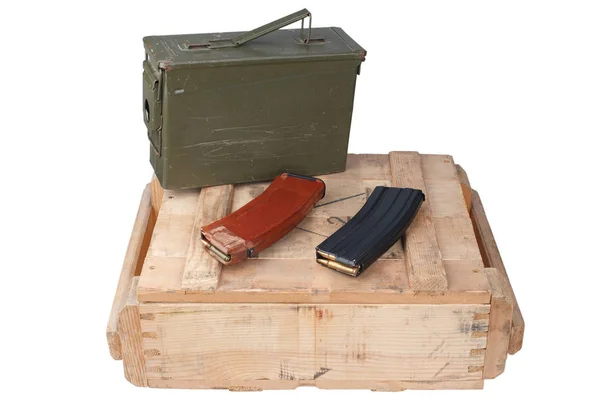M16 Ak47 Magazins Wooden Box Isolated — Stock Photo, Image