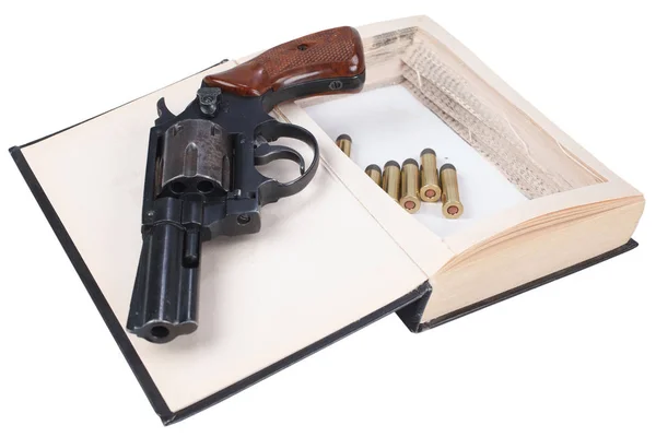 Pistola Revolver Con Cartucce Nascoste Libro Isolato Sfondo Bianco — Foto Stock