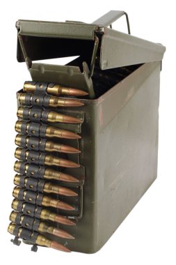 .30 Cal Metal Ammo Can with ammunition belt isolated on white clipart