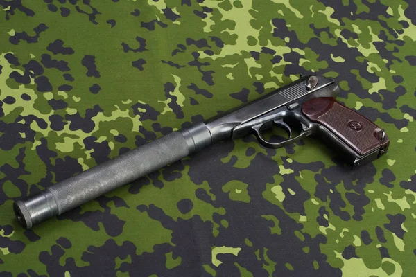 Handgun Silencer Camouflaged Uniform Background — Stock Photo, Image