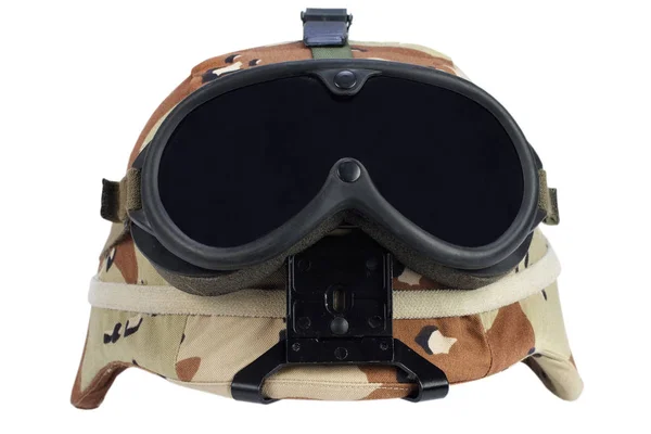 Army Kevlar Helmet Desert Camouflage Cover Protective Goggles Isolated — Stock Photo, Image