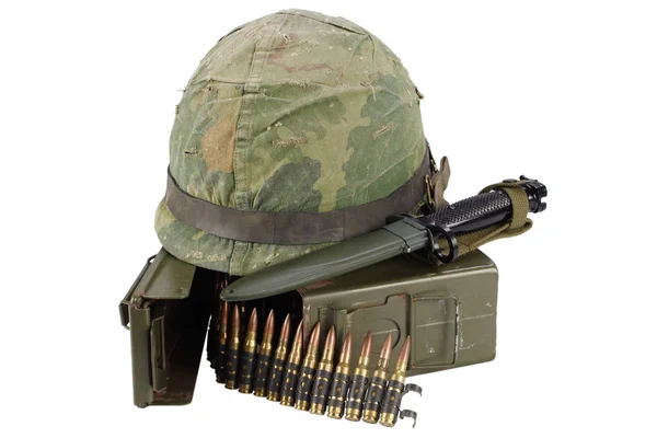 Army Ammo Box Ammunition Belt Bayonet Helmet Isolated White Background — Stock Photo, Image