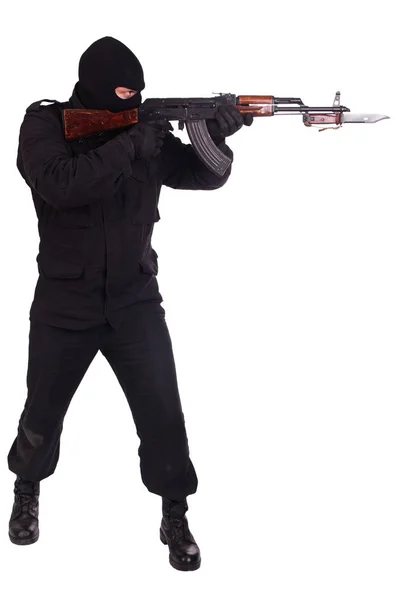 Homme Uniforme Noir Masque Avec Fusil Isolé Sur Fond Blanc — Photo