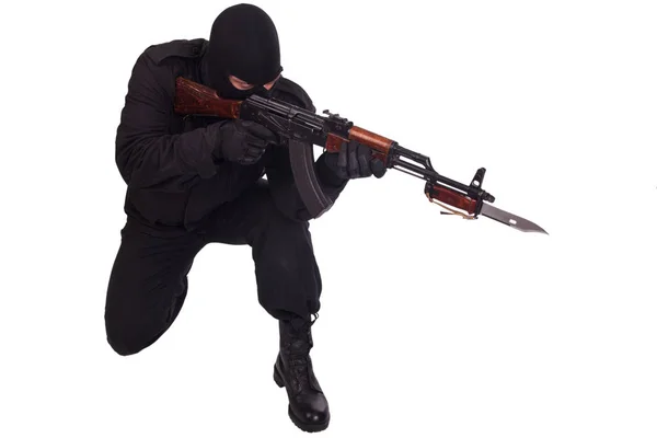 Man Black Uniform Mask Gun Isolated White Background — Stock Photo, Image