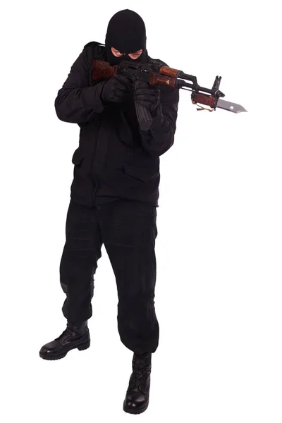 Homme Uniforme Noir Masque Avec Fusil Isolé Sur Fond Blanc — Photo