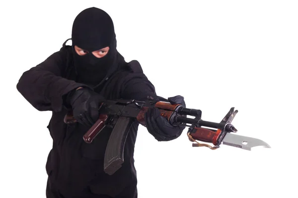 Mann Schwarzer Uniform Und Maske Mit Waffe Isoliert Auf Weißem — Stockfoto