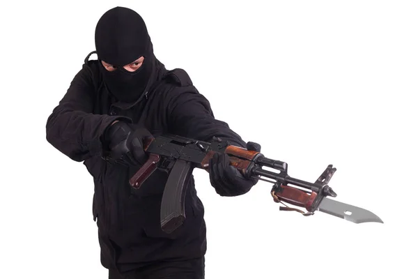 Человек Черной Форме Маске Пистолетом Изолированы Белом Фоне — стоковое фото