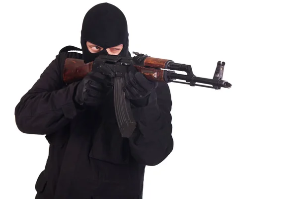 Hombre Uniforme Negro Máscara Con Pistola Aislada Sobre Fondo Blanco —  Fotos de Stock