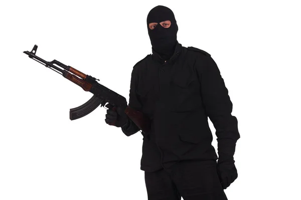 Man Black Uniform Mask Gun Isolated White Background — Stock Photo, Image