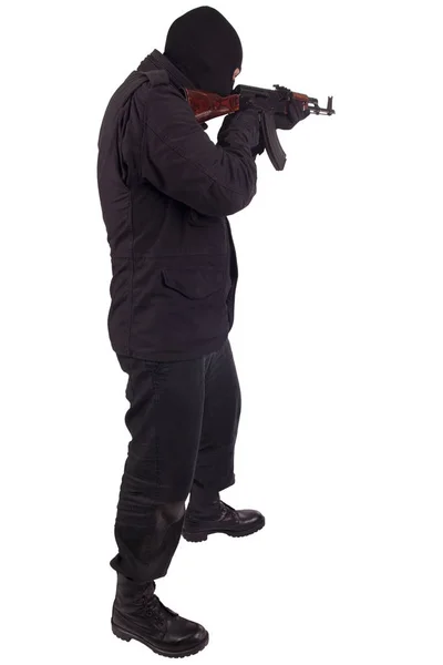 Homem Uniforme Preto Máscara Com Arma Isolado Fundo Branco — Fotografia de Stock