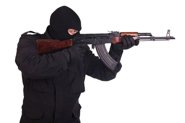 Mannen Svart Uniform Och Mask Med Pistol Isolerad Vit Bakgrund — Stockfoto