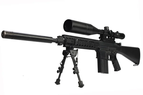 Sniper Rifle Bipod Supressor Geïsoleerd Een Witte Achtergrond — Stockfoto