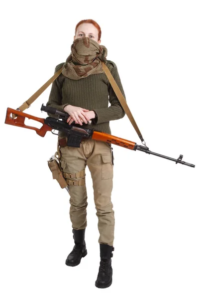 Woman Sniper Svd Sniper Rifle Isolated White Background — Stock Photo, Image